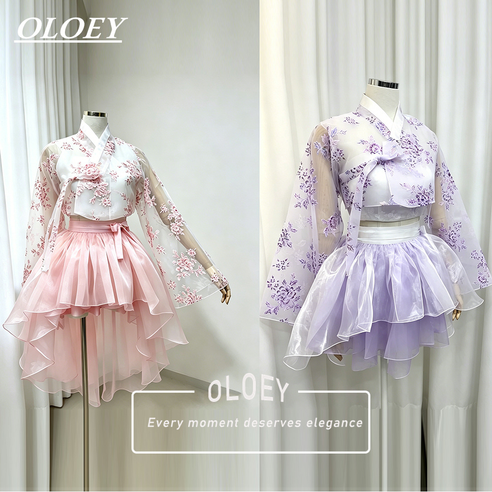 Modern Korean Lifestyle - OLOEY モダン花柄プリントショートコンサート韓服 2026 韓国写真撮影パフォーマンスドレスカスタマイズされた 3 ピーストップジャケットミニスカート