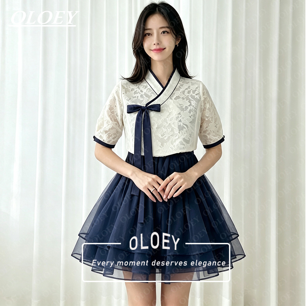 Modern Korean Lifestyle - OLOEY モダンブラックショートコンサート韓服セット 2点セット オーガンザ 韓国風写真撮影用ミニパフォーマンスドレス 花柄サテン
