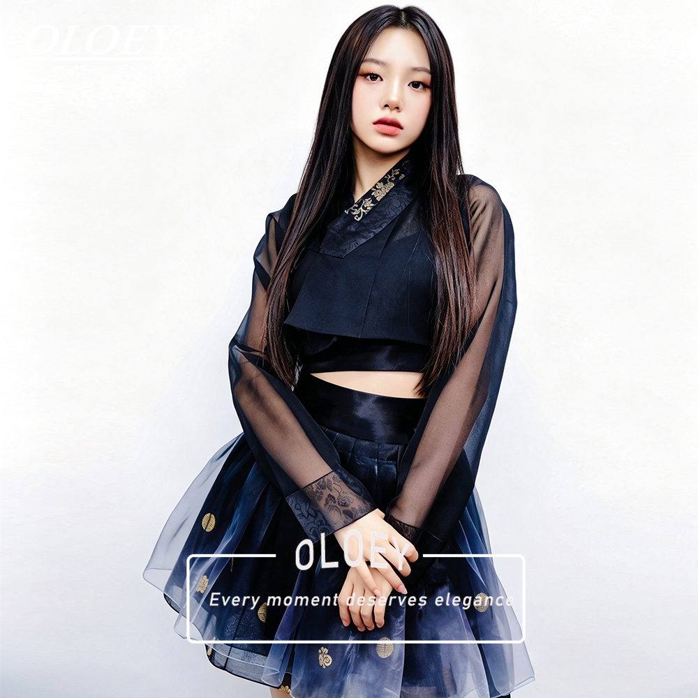 Modern Korean Lifestyle - OLOEY ヴィンテージコントラストカラーショート韓服 2026 韓国写真撮影パフォーマンスドレスカスタマイズされた 3 ピーストップジャケットミニスカート