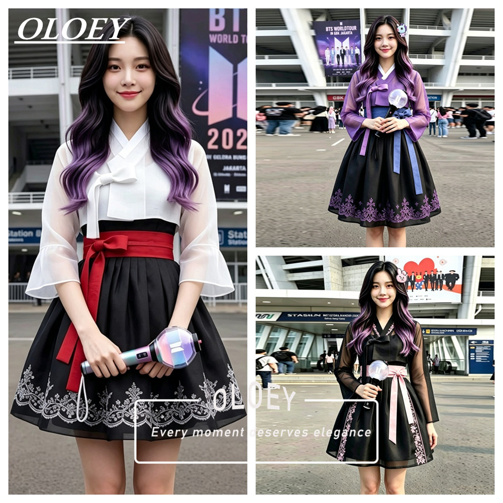 Modern Korean Lifestyle - OLOEY モダンアップリケショートコンサート韓服 2026 コントラストカラー韓国写真撮影パフォーマンスドレスサテンオーガンザカスタマイズ